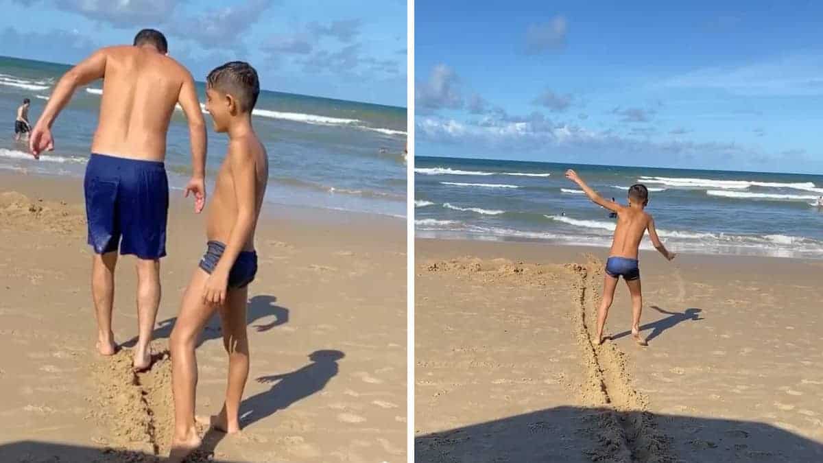 Il padre traccia un percorso dalla spiaggia al mare per facilitare la mobilità del figlio ipovedente [VIDEO]