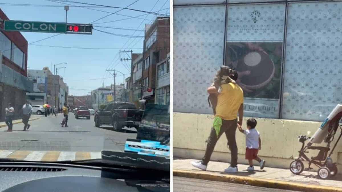 Porta in braccio il cane come fosse un bimbo, mentre il figlio piccolo cammina