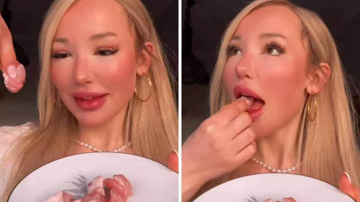 Giovane donna si mette a dieta mangiando pollo crudo e non ha paura di contrarre la salmonella: “Non è mica sushi”