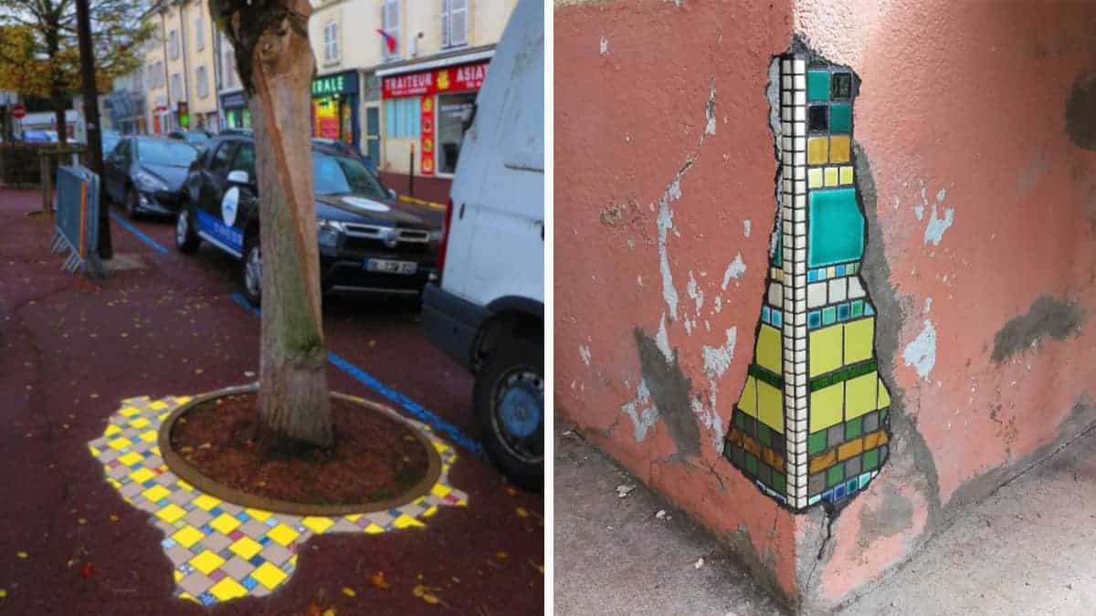 Marciapiedi fratturati e pareti riparate con vibranti mosaici piastrellati da Emem: 13 Foto