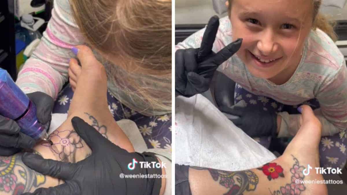 La madre si lascia tatuare il piede dalla figlia di 9 anni e festeggia. Sostieni il suo talento