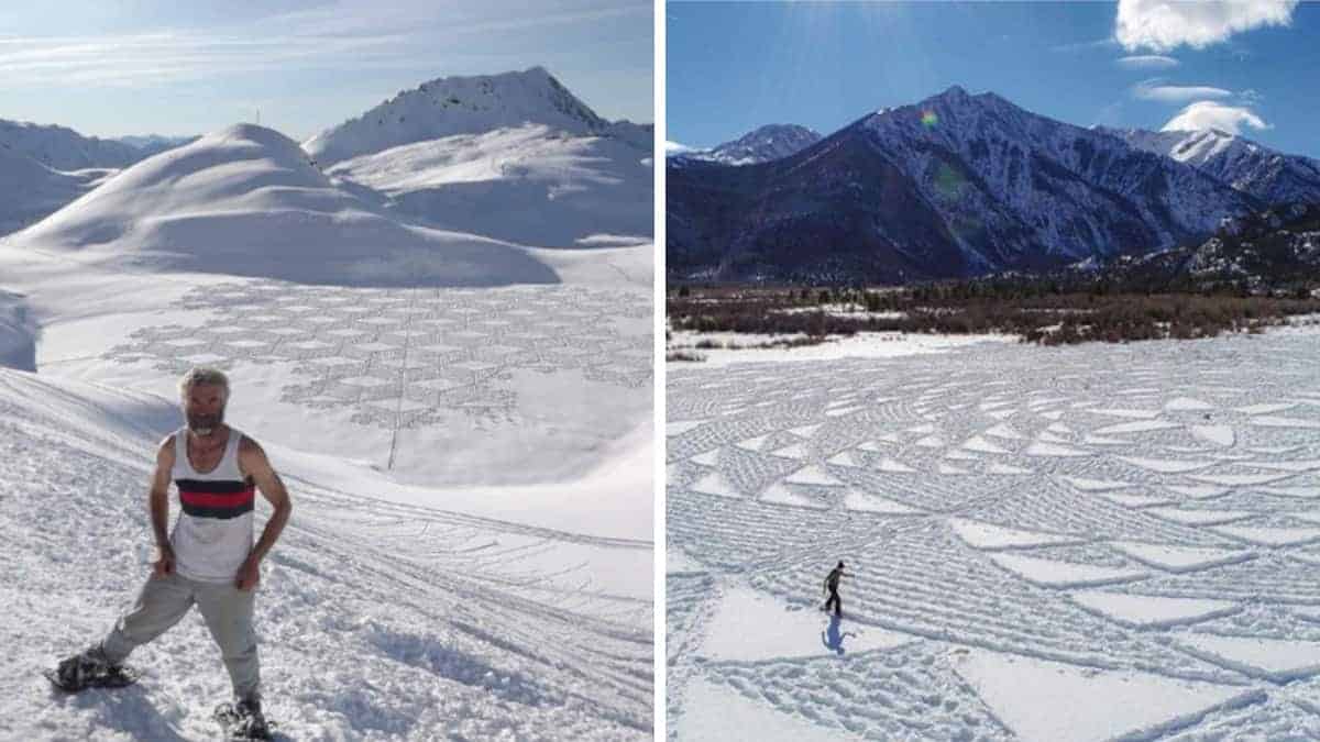 Quest’uomo crea opere d’arte camminando sulla neve: fantastici disegni geometrici