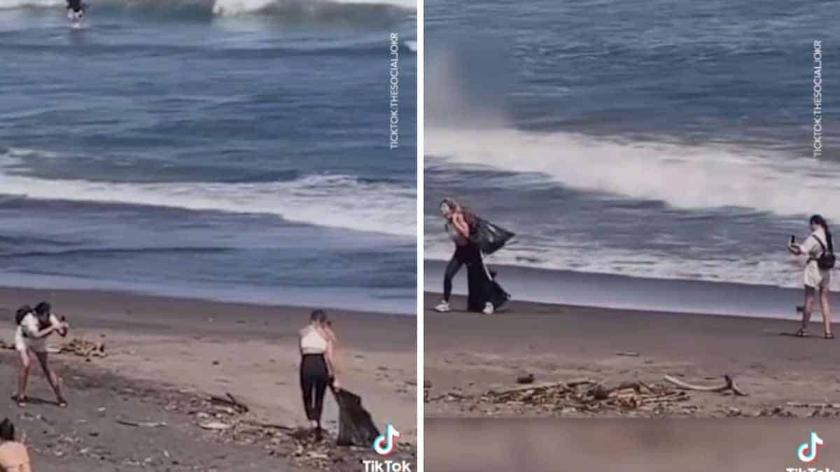 Influencer a Bali simula pulizia della spiaggia ma abbandona i rifiuti dopo aver scattato le foto.