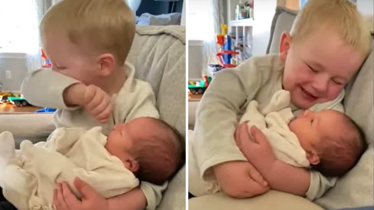 La gioia incontenibile di un bambino nel conoscere la sorellina appena nata: un momento emozionante catturato in video