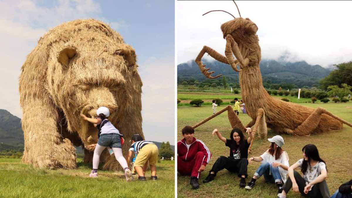 Creature colossali fatte di paglia di riso invadono un parco in Giappone