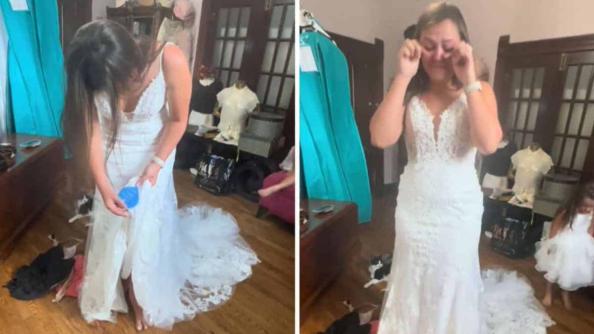 La sposa scoppia in lacrime quando scopre che sua madre ha cucito di nascosto un pezzo di tessuto blu nel suo abito da sposa