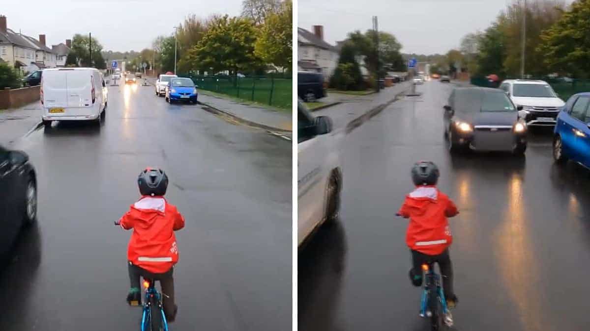 Un padre si arrabbia con un conducente che sorpassa suo figlio di 5 anni in bicicletta sulla strada