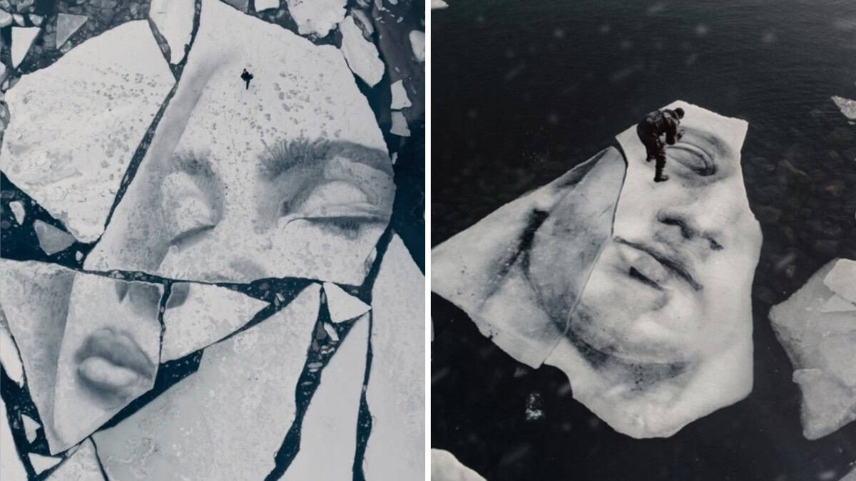 Artista realizza ritratti su enormi blocchi di ghiaccio nel Mar Baltico (Video)