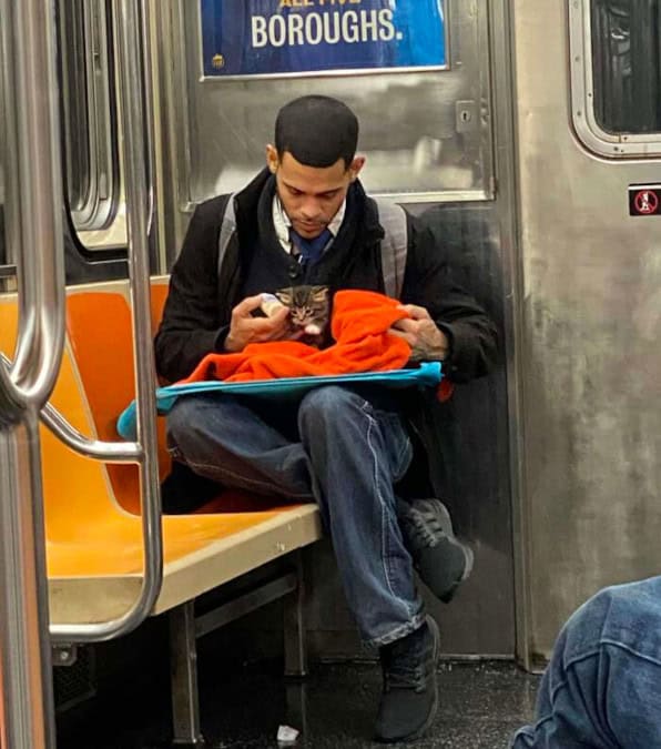 Uomo nella metro allatta una gattina con il biberon